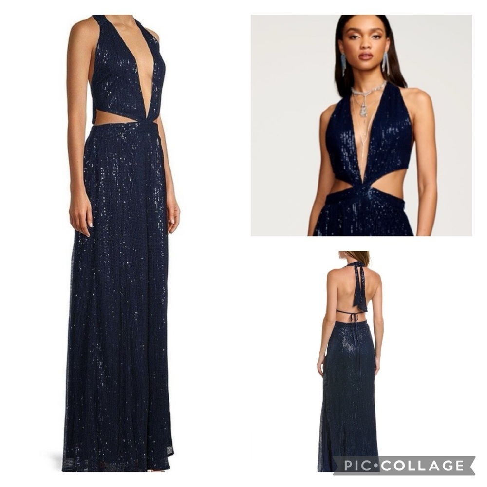 🎀 NEW RAMY BROOK halter neck cutout maxi sequin dress blue gown 8